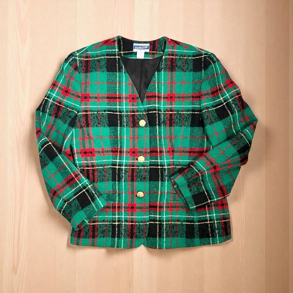 Vintage Pendleton Wool Plaid Blazer | Green Red Tartan Gold Buttons